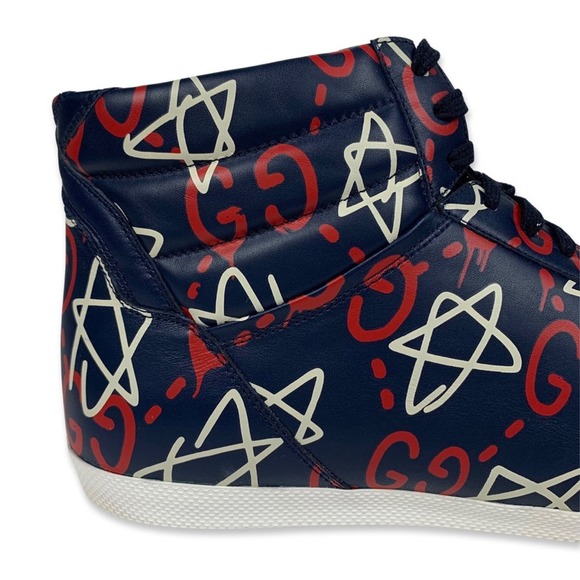 Gucci Ghost Red White and Navy High Top Leather Sneakers - Picture 6 of 16